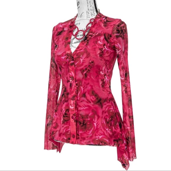 FUZZI Jean Paul Gaultier Red and Pink Floral V Neck Top - Picture 2 of 9